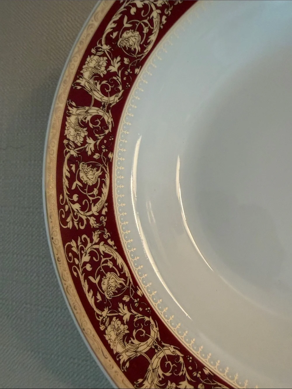 Elegant White Porcelain Soup Bowls with Red and Gold Border - Set of 6